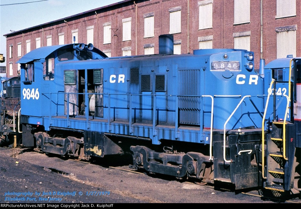 Conrail, CR 9846, T6, at the ex-CNJ shops at Elizabeth Port, New Jersey. January 27, 1979. 